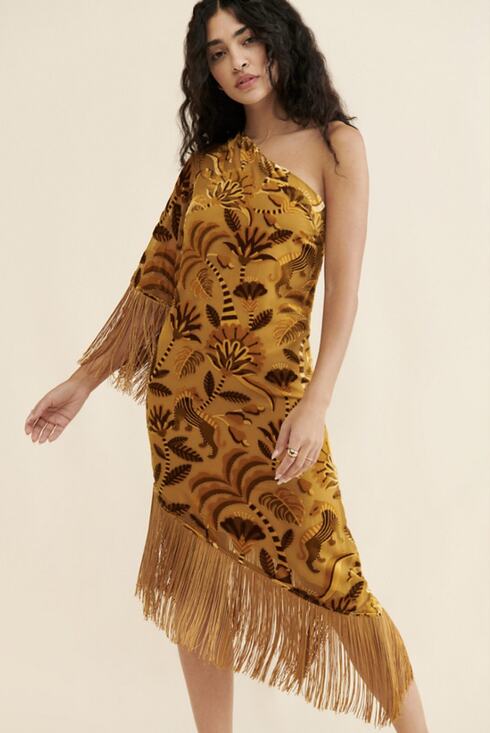 Anthropologie Dresses & Skirts - Farm Rio One-Shoulder Golden Velvet Fringe Dress